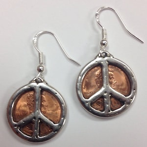 Closeout!  Lucky Penny Copper Earrings with Peace sign charms - on sterling silver earwires, USA coin jewelry