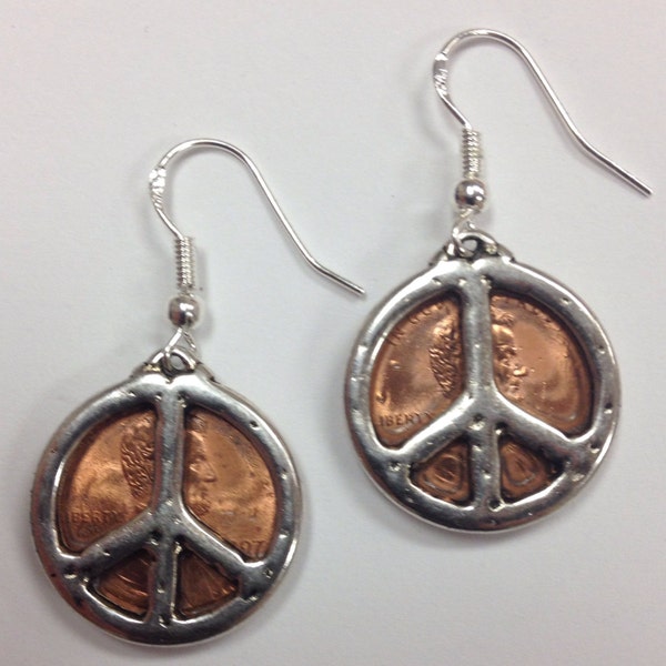 Closeout!  Lucky Penny Earrings with Peace sign charms - on sterling silver earwires, USA coin jewelry