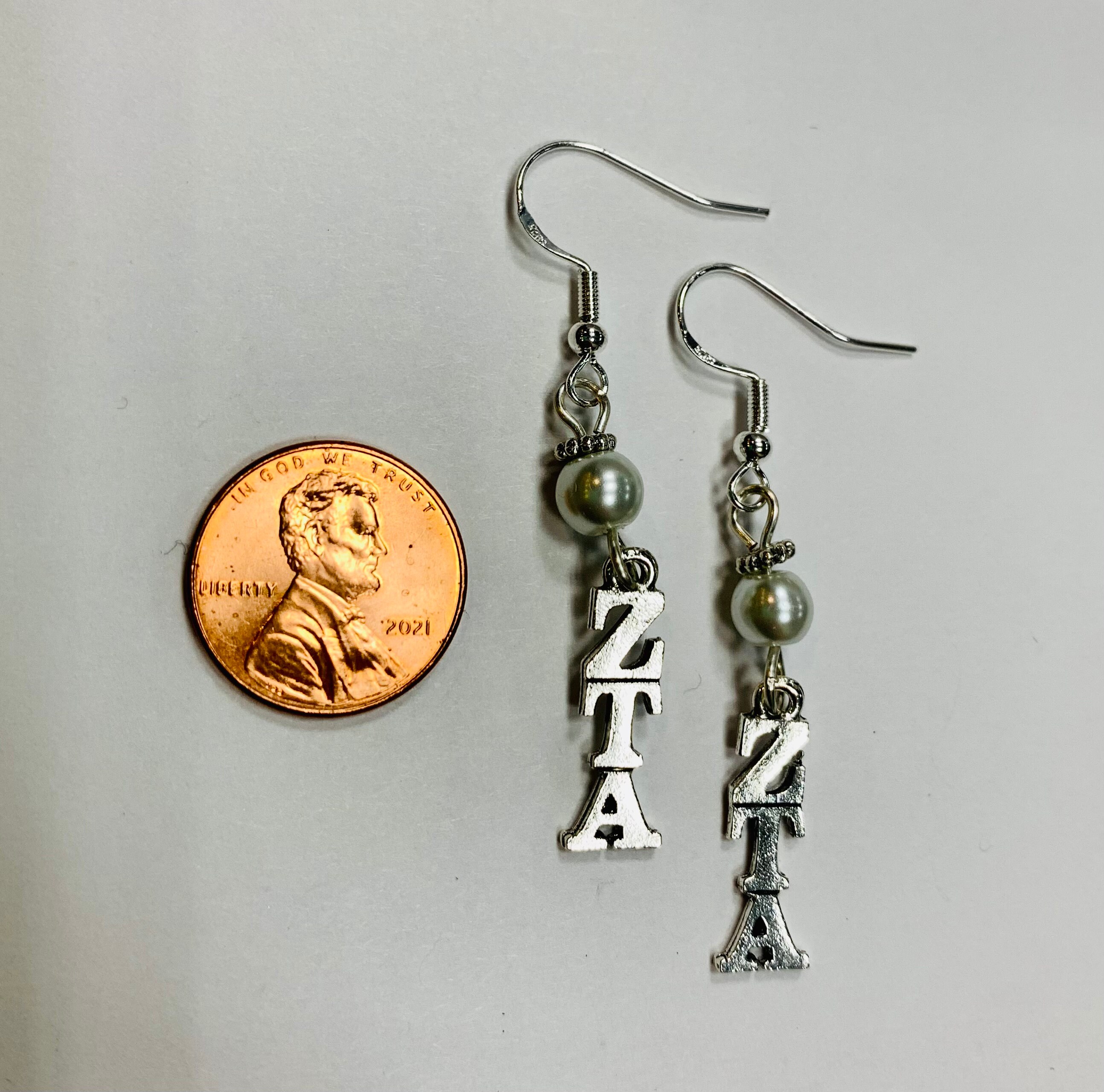 Zeta Tau Alpha ZTA Sorority Greek Silver Lavaliere Pearl Earrings