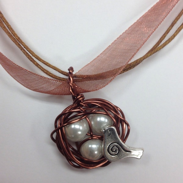 Bird's Nest Pendant with Mama Bird Charm with 3 white pearl eggs, Copper Wire with copper organza ribbon necklace