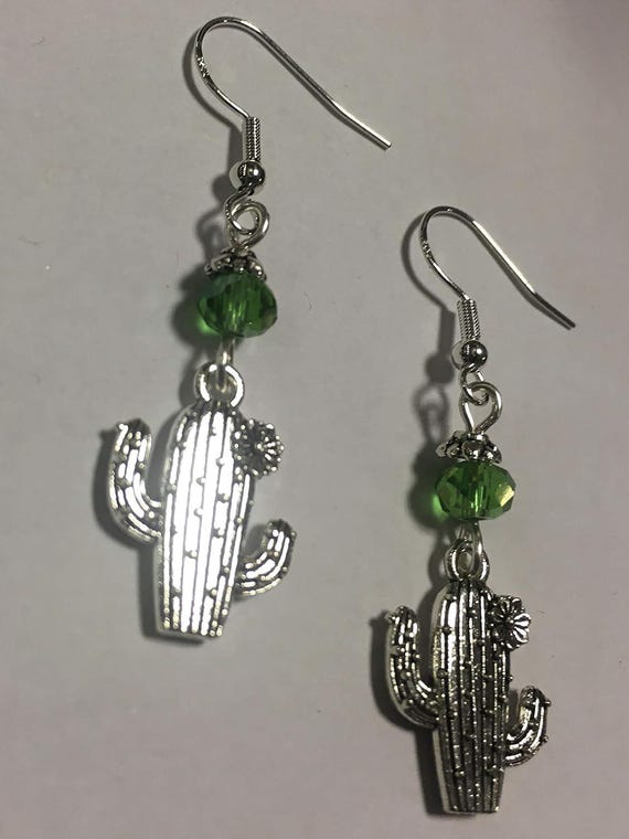 Boucles D'oreilles Pendantes Goutte En Forme De Cactus Avec Perles Vertes - Neuf