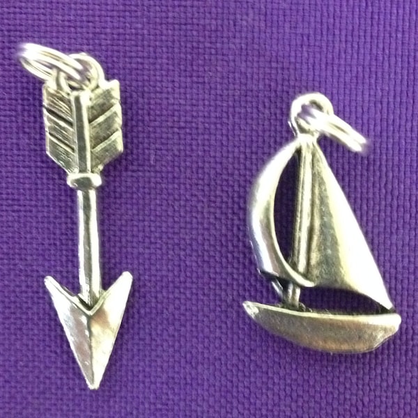 Pi Beta Phi and Sigma Sigma Sigma Sorority Greek Mascot Charms - Arrow and Sailboat Silver charms