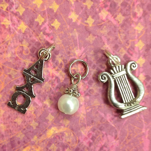 Alpha Chi Omega AXO Sorority silver Charm set - lyre mascot charm, lavaliere, & pearl dangle