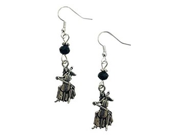 May include: Silver earrings with a black bead and a charm of a woman playing a cello.