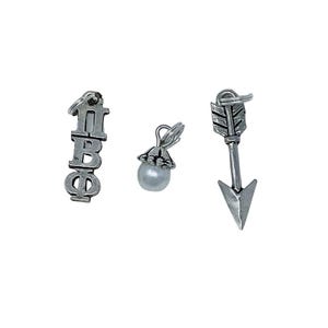 Pi Beta Phi PBP Sorority Greek Trio of Charms - arrow mascot charm, lavaliere & pearl dangle