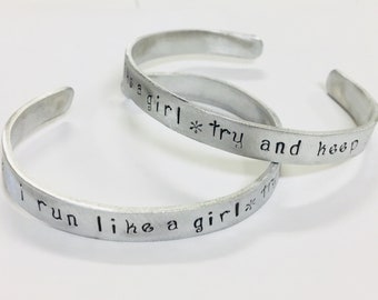 Runner, Marathon, Crossfit, Sprinter, Track Bracelet - "I run like a girl, try & keep up", quote or inspiration bracelet