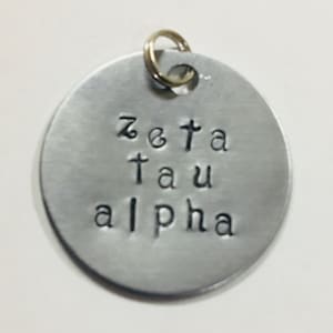 Zeta Tau Alpha ZTA Sorority Greek Handstamped charm made of non-tarnish aluminum