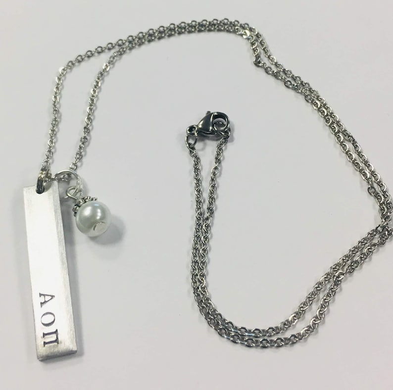 Alpha Omicron Pi Bar Charm Necklace AOPi handstamped necklace Etsy