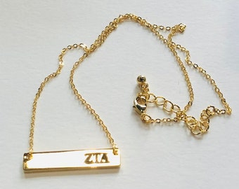 Zeta Tau Alpha Horizontal Bar Necklace in 24K Gold Plate, ZTA zetas sorority gift