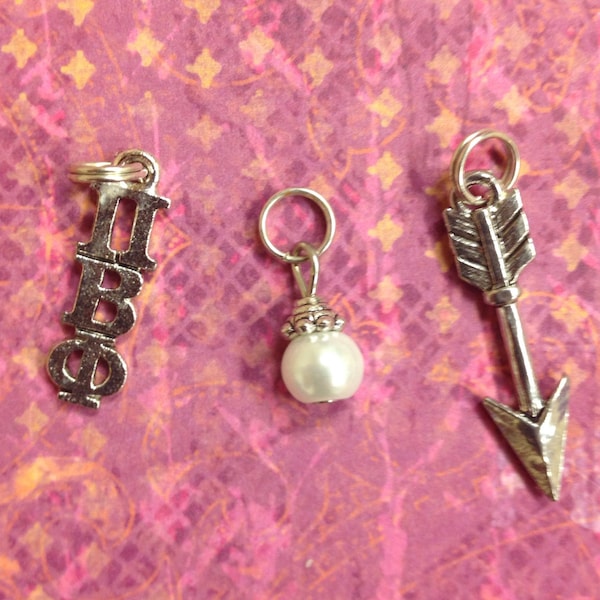 Sorority Greek Pi Beta Phi PBP Sorority Trio Charm silver set - arrow mascot charm, lavaliere, & pearl dangle