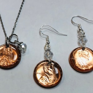 Lucky Penny USA copper coin 20 inch  Necklace and Earring Set