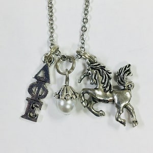 Delta Phi Epsilon DphiE Trio Charm Necklace Sorority Greek Necklace, 18 inch chain