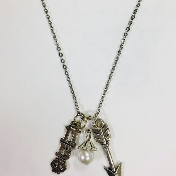 Pi Beta Phi PBP Sorority Greek silver trio Charm Necklace - arrow mascot charm, lavaliere, & pearl dangle, 18 inch stainless steel chain