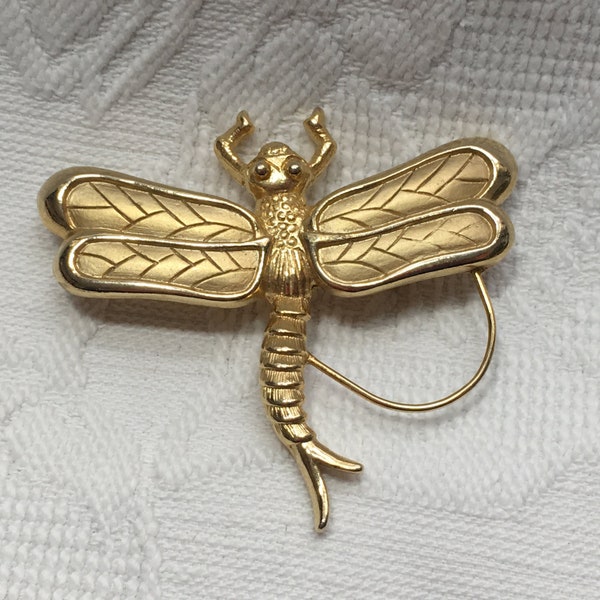 Torino Gold Tone Dragonfly Brooch Pin, Satin & Brushed Finish, Scarf Slide Loop, Detailed Dragonfly, Rollover Clasp,  2 1/4" x 1 3/4"