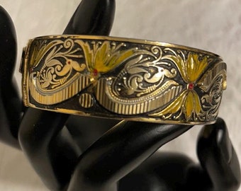 Damascene Floral Cuff Bracelet: Gold Plated Hinged Bangle, 7.25-7.5" Wrist