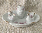 A K Limoges France Hat Pin Holder, Chicken Hat Pin Holder, Early 19th century, Hen Rooster and Egg Hat Pin Holder