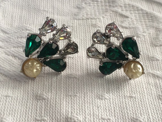 Silver Tone Emerald Green and Clear Rhinestones w… - image 6