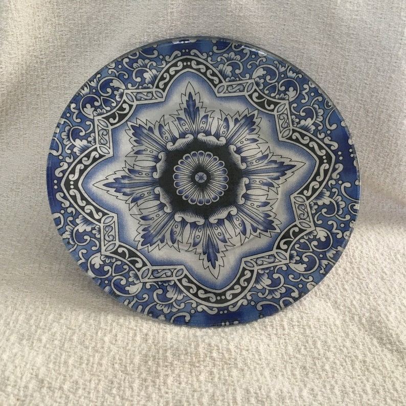Fabric Backed Clear Glass Plate Decoupage Glass Plate Blue Etsy