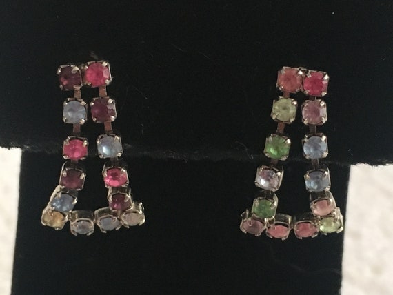 Rainbow Rhinestone Dangle Drop Earrings: Silver T… - image 2
