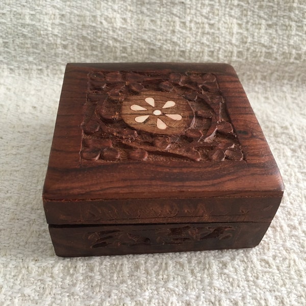 Hand Carved Square Wood Box, Bone Shell Inlay Floral Geometric Design, Carved Trinket Box, Brass Hinges, Red Fabric Lining,  Mid Century Box