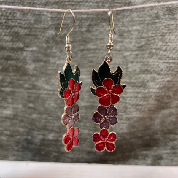 Cloisonne Dangle Drop Floral Gold Tone Earrings with Wires for Pierced Ears, Enamel on Metal Earrings, 2 1/4” Long with Wire, 1 1/2” x 1/2”