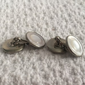 Vintage Mother of Pearl Cuff Links: Art Deco Silver Tone Pair