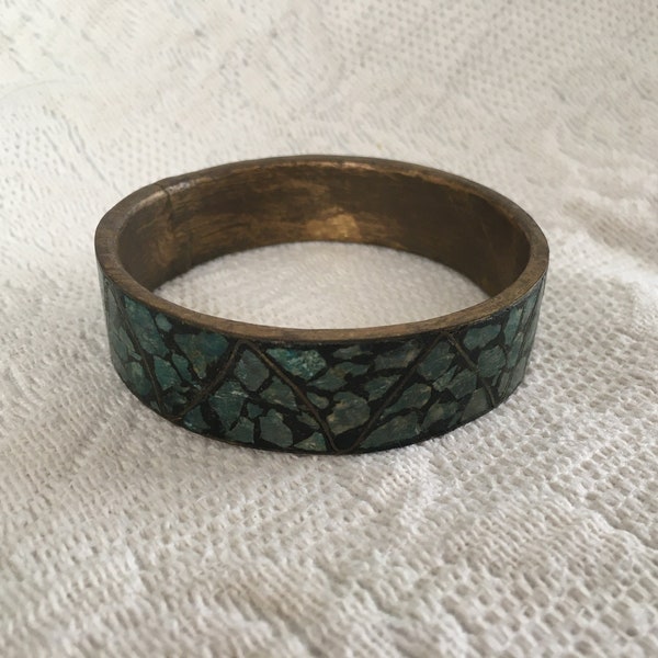 Brass Bangle with Turquoise Blue Mosaic Inlay, Zig Zag Brass Design, India, Hand Painted Bangle Bracelet, 8.25” Inner Circumference, 5/8” W