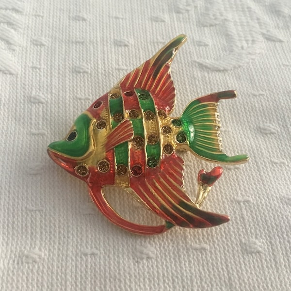 Angel Fish Enamel on Gold Tone Brooch Pin, Colorful Vintage Angel Fish Pin, Red Green Yellow Angel Fish, Fold Over Clasp, 2" x 2 1/4"