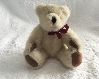 Boyds Bear, Jointed Beige 8” Bear with Brown Paws and a Burgundy Ribbon, 1990s, Teddy Bear, Collectible Bear, Stuffed Bear