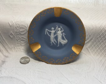 Tharaud Limoges Blue and Gold Jasperware Ashtray, Camille Tharaud, Art Deco, 3 Cigarette Rests, Greco Roman Dancers, 5” Diameter, France