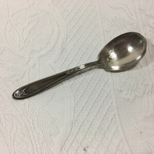 May include: A silver spoon with an oval bowl and a long handle. The handle has a floral design near the end. The spoon is resting on a white, textured surface.