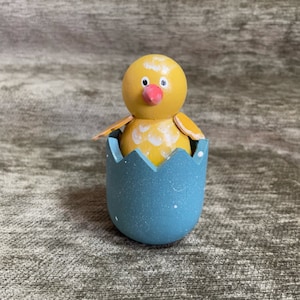 Yellow Wood Chick in Wood Egg, 2 Pieces, Chick on Spring, HandPainted,  Easter Decoration, 4” Tall, 2” Wide