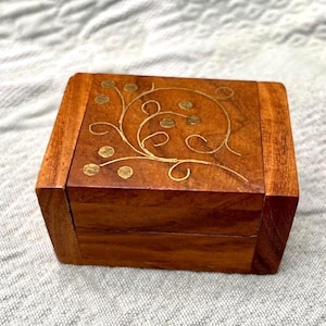 Handcrafted Wooden Trinket Box With Floral Brass Inlay, Rectangular Wood Box with Built In Lid, Jewelry Box, 1 1/4&quot;W, 2 1/8&quot;L, 1 3/8&quot; T