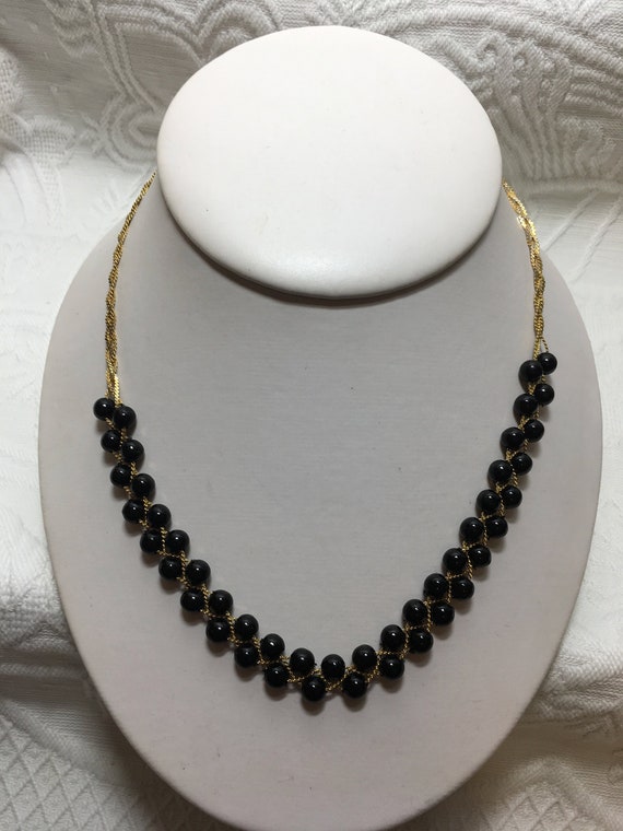 Gold Tone Chain With Woven Black Beads Choker Necklace