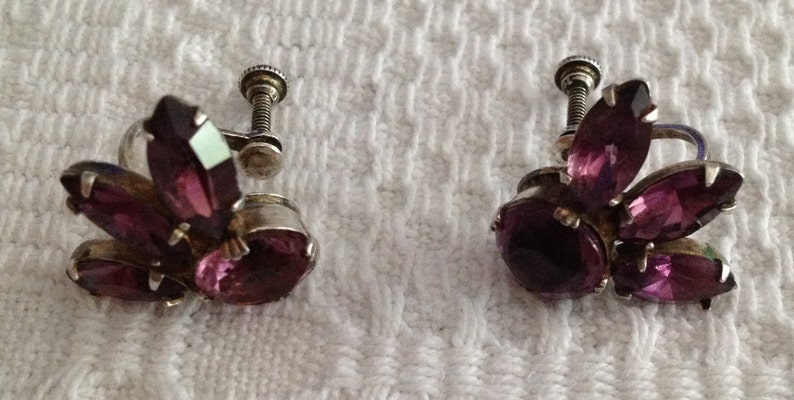 Art Deco 1930s 1940s Amethyst Earrings Sterling Silver Amethyst Screw Back Earrings Sterling Amethyst Earrings Screw Back
