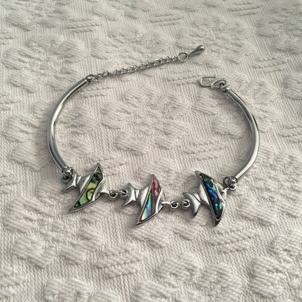 Silver Tone Abalone Shell Angel Fish Link Bracelet, Multicolored, S Hook Adjustable, Sea Shore Beach Theme, Nautical Ocean Theme, Angel Fish