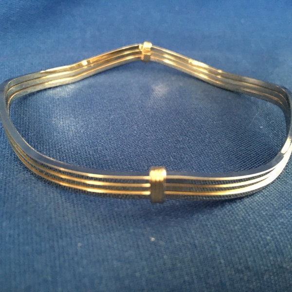 Silver and Gold Tone 3 Band Bangle Bracelet, Geometric Design, Narrow Banded Bangle, 2 Tone Bangle Bracelet, Modernistic Bangle
