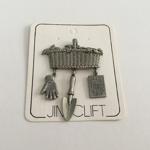 Jim Clift Hand Cast Pewter Garden Basket Tools Pin Brooch, Garden Glove, Trowel, Seed Pack, Made in Rhode Island, Garden Lovers Gift