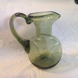 Hand Blown Green Glass Pitcher, Green Glass Creamer, Square Base Pitcher, Bubble Green Glass, 5&quot; Tall