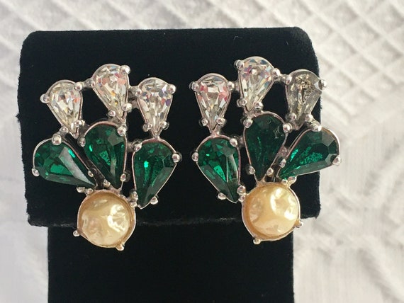 Silver Tone Emerald Green and Clear Rhinestones w… - image 4