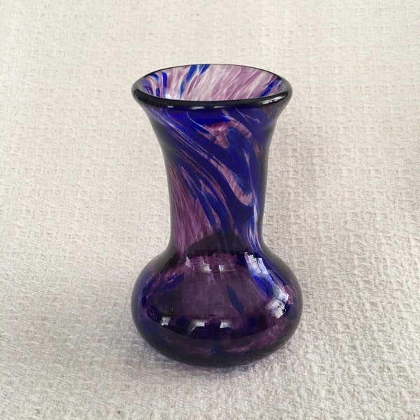 Jack in the Pulpit Purple Blue Burgundy Swirl Vase, Hand Blown Art Glass Vase, Tilted  Flared Top Rim, Wide Base, 5” tall