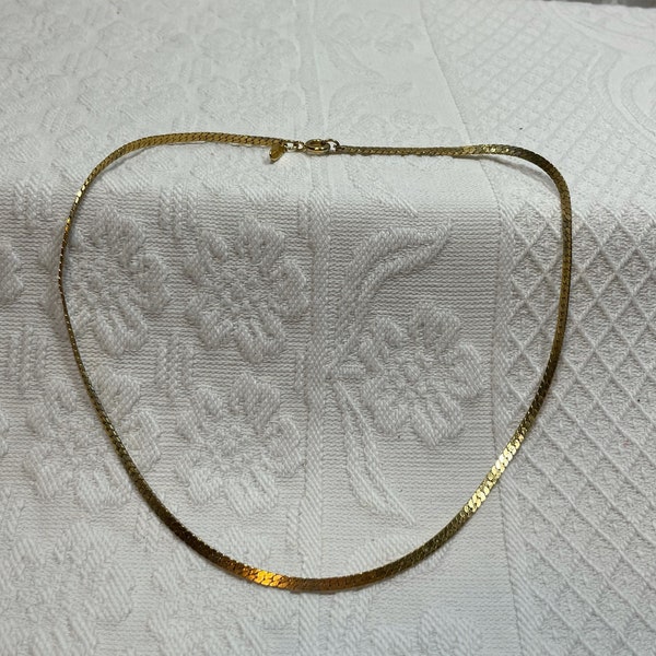 Sarah Coventry Gold Tone Herringbone Chain Choker Necklace with a Spring Ring Closure, Shiny Versatile Gold Chain, 16” x 1/8”