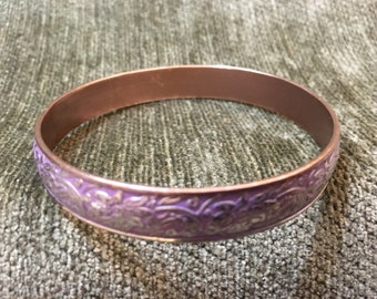 Copper Enamel Embossed Bangle Bracelet, Silver Tone and Lavender Design, Purple Background, Floral Embossed Bangle, 2 1/2” inside diameter