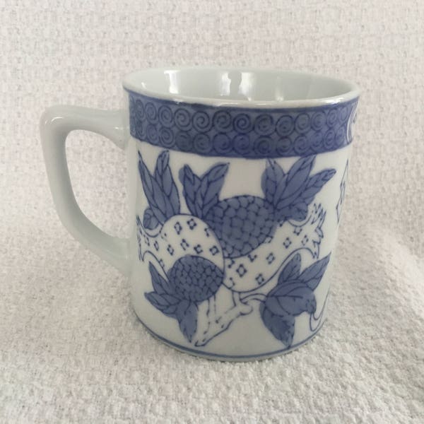 Cobalt Blue on White Floral Pineapple Mug, Blue on White Floral Mug, Asian Design Mug, Cobalt Blue Mug, Pineapple Design Mug