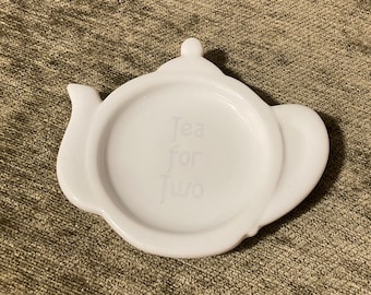 Tea Bag Holder Shaped like Teapot in Whit Porcelain,  Says Tea for Two in Gray, 4.75" x 4.25", 3/8" Tall, No signage