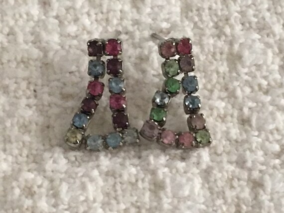 Rainbow Rhinestone Dangle Drop Earrings: Silver T… - image 1