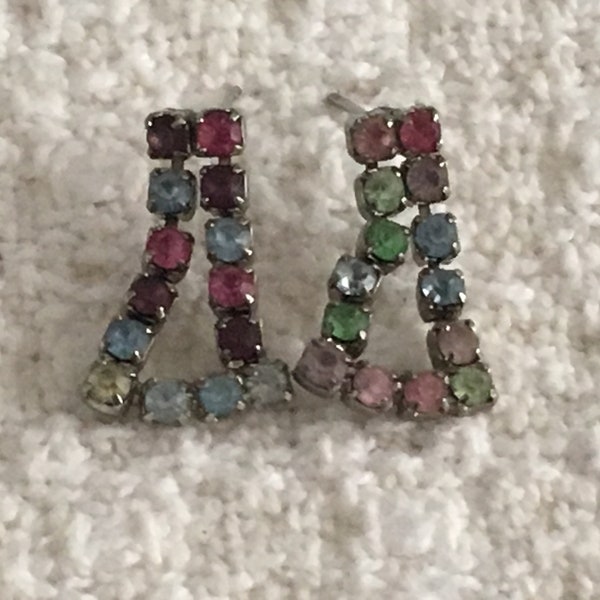 Multi Colored Rhinestone Dangle Drop stud Earrings, Rhinestone Pierced Earrings, Silver Tone and Rhinestones, 3/4" Long, Rainbow Rhinestones