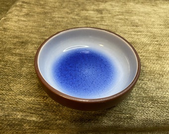 Asian Sauce Dish Bowl with Cobalt Blue Center Graduating to Light Blue, Brown Exterior & Rim, Sticker says Japan, 2" Base, 3.5" Rim, 1.25" T