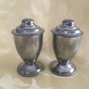 Pewter Salt and Pepper Shakers by Hanle & Debler with Scalloped Rim and Cork Stoppers, 2.25&quot; tall, Vintage Pewter Shakers
