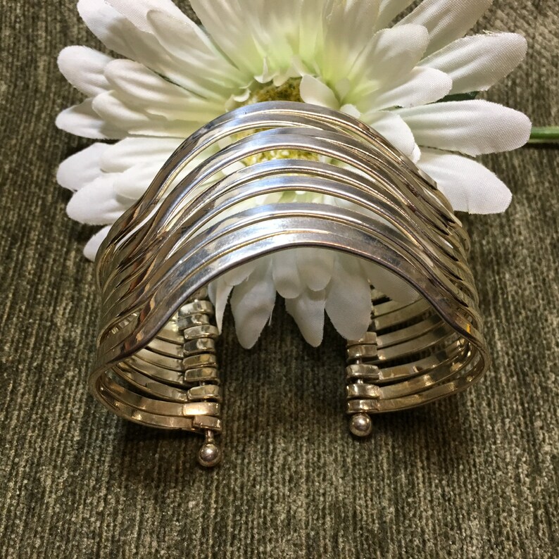 Not for Large Wrists 2 34\u201d x 2\u201d Silver Tone Steel Multi Strand Stacked Cuff Bracelet 9 Strand Avant Garde Cuff